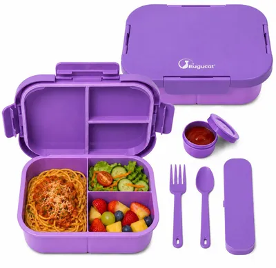 Bento-Box 1300 ml, 3 Fächer, BPA-frei, mit Besteck, lila