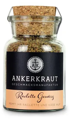 Produktbild von Ankerkraut Raclette Gewürz, Pulverförmige Gewürze, Paprikaschote, Schwarzer Pfeffer, Chili, Knoblauch, Muskatnuss, Zwiebel, Rosa Pfefferkorn,..., 95 g, 1 Stück(e)