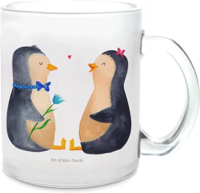 Produktbild von Mr. & Mrs. Panda Teetasse Pinguin Pärchen - Transparent - Geschenk, Tee Tasse, Hochzeit, Pinguine, Hochzeitstag, Haferl, Liebe, Trinkglas, glastasse, Häferl, Verknallt