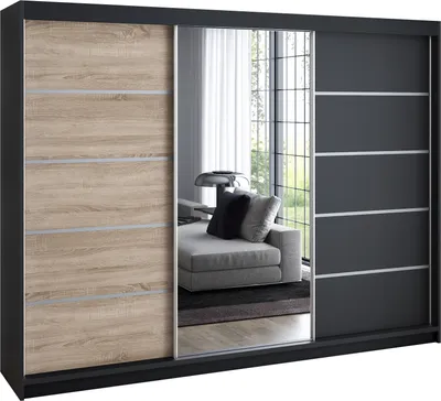 Produktbild von Schwebetürenschrank 200 cm, 3-türig, mit Spiegel & 4 Schubladen, Retro-Stil, modern, in Weiß/Schwarz/Sonoma – Kleiderschrank VILUNO 1