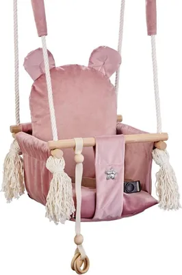 Obrázok produktu pre Love Gifts® Drevená detská hojdačka, vysokokvalitná a vhodná ako interiérová hojdačka, možno ju namontovať na strop a do rámu dverí, medvedica ruža, vyrobené v EÚ