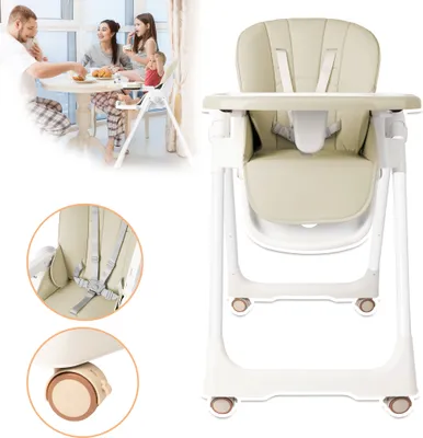 Image de Chaise haute pour bébé LARS360 Pliable avec rembourrage et harnais à 5 points, double tablette réglable en hauteur, à partir de 6 mois, chaise bébé pliable en beige