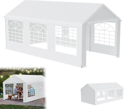 A collage of images showing a white party tent, one image showing the tent from the outside, and another showing people inside the tent.