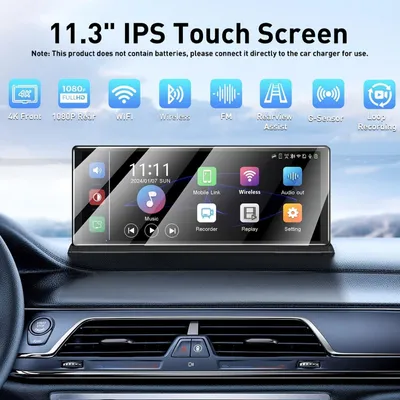 Immagine prodotto di Autoradio wireless – Schermo touchscreen da 11,3 pollici – Con dashcam 4K e telecamera per la retromarcia – Compatibile con CarPlay