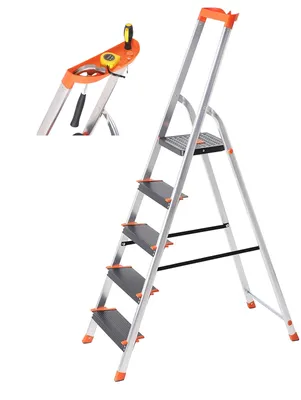 Obrázok produktu pre SONGMICS, rebrík s 5 priečkami, maximálna statická nosnosť 150 kg, univerzálny rebrík, hliníkový rebrík, priečky šírky 12 cm, stojací rebrík, odkladacia miska na náradie, skladací rebrík, protišmyková povrchová úprava, certifikát Rheinland GS, spĺňa normu EN131 GLT05BK