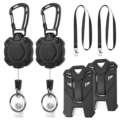 Produktbild von Ausziehbarer Ausweishalter, 2er-Set. Robuster, ausziehbarer Schlüsselring mit 2 taktischen Ausweishaltern und 2 Lanyards. Ausweishalter mit 80 cm ausziehbarem Stahlseil.