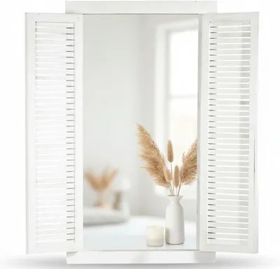 Produktbild von Wandspiegel mit Fensterläden 72x42 cm Shabby Chic Weiß | Spiegelfenster Dekospiegel Landhausstil Fensterspiegel Paulownienholz | Flurspiegel Wanddeko Panel-Türen Metallscharniere Vintage