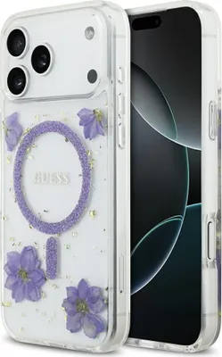 Obrázok produktu pre Guess - Resin Flowers and Glitter MagSafe puzdro pre iPhone 17 Pro - fialové