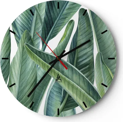 Produktbild von Wanduhr - Rund - Glasuhr - Exotisch Blätter Grün - 40x40cm - Schleichendes Uhrwerk - Lautlos - zum Aufhängen bereit - Dekoration Modern - Wanddekoration aus Glas - C3AR40x40-4258