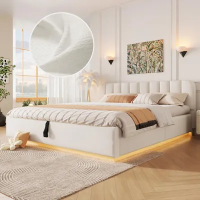 Produktbild von Flieks Hydraulisches Polsterbett 180x200cm mit Led, Stauraumbett Doppelbett mit Hydraulikstauraum, Jugendbett mit Lattenrost, Chenille, Beige