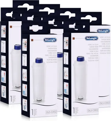 Multiple boxes of DeLonghi water filters are stacked and arranged in a way that showcases the packaging and the product inside.