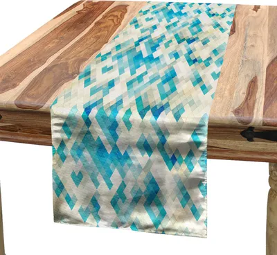 Produktbild von ABAKUHAUS Geometrisch Tischläufer, Blauer themenorientierter sechseckiger abstrakter moderner Grunge Kunst-Druck, 40 x 225 cm, Türkis Weiß