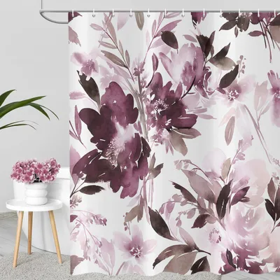 Image de Rideau de douche imperméable, motif floral et feuillage en aquarelle, 120 x 200 cm, avec 8 crochets, pour salle de bain