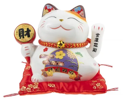 Maneki Neko Katzenfigur, Porzellan, weiß, 12x14x10 cm