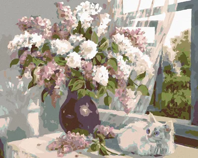 Produktbild von Diamondi - Diamond painting - WEIßES KÄTZCHEN UND FLIEDER IN VASE, 40X50 cm, ohne Keilrahmen