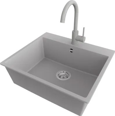 Produktbild von PRIMAGRAN Granitspüle Grau 58x50cm, Spülbecken 1 Becken + Küchenarmatur 32x20cm + Ablauf-Set, Küchenspüle ab 60er Unterschrank - Riga