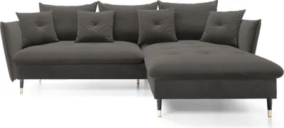 Produktbild von DomoHome Ecksofa GLAM mit Schlaffunktion, Freistehend, Ottomane und Goldenen Füßen – Samtsofa im Glamour-Stil für Ihr Wohnzimmer, mit Zierkissen, 258x167x91cm, Rechte Seite DUNKELGRAU