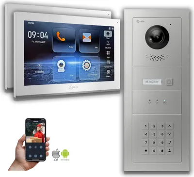 Produktbild von Goliath IP Video Türsprechanlage mit Kamera 10-Zoll Zahlencode Anzeige Silber  : 2 Monitore : 10 Zoll Weiß : Aufputz Dose Monitor Anzahl: 2 Monitore Monitor Farbe: 10 Zoll Weiß Montage: Aufputz Dose