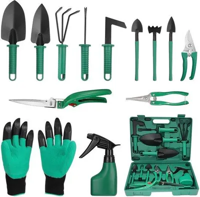 Image de Ensemble complet d'outils de jardinage Unyqoos® composé de 12 pièces : inclut une cisaille à rosiers et une cisaille à gazon en acier inoxydable, d'autres outils en acier A3, des manches en PP de couleur verte, une sacoche de transport et des gants