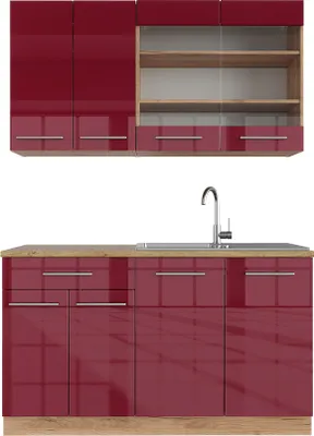 Produktbild von Singleküche Vicco Fame-Line Bordeaux Hochglanz/Goldkraft Eiche 140 cm ohne Arbeitsplatte, Model 38638