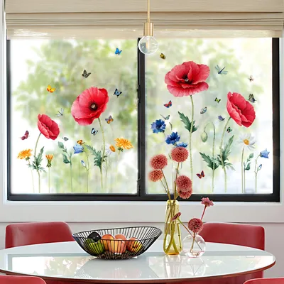 Image de Autocollants réutilisables pour fenêtres - Fleurs printanières colorées et papillons