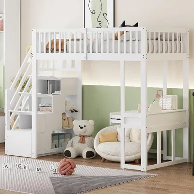 Produktbild von Hochbett 90x200cm mit Multifunktionstisch und Aufbewahrungstreppe, Bettgestell aus Kiefernholz in Weiß für Kinder und Jugendliche