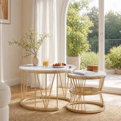Produktbild von ProximaX Couchtisch Set 2-teilig Rund Weiß Marmoroptik mit Gold Metallgestell