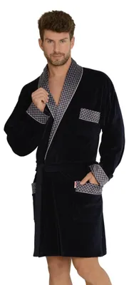 Produktbild von FOREX Lingerie moderner und bequemer Herren Baumwoll-Bademantel, mit Taschen & Bindegürtel M, dunkelblau-kurz