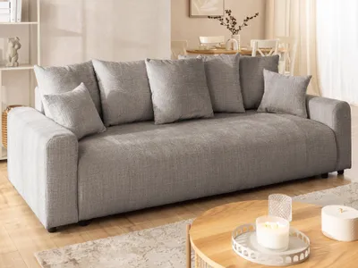 Produktbild von Calma - Komfortables 4-Sitzer Schlafsofa im Bumpy-Design mit Bettkasten aus weichem Taupe Chenille-Stoff