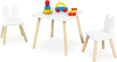 Image de Table en bois pour enfants avec 2 chaises - Motifs d'oreilles de lapin - 44x50x50 cm - Blanc et bois naturel