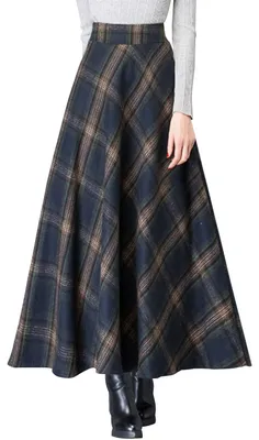 Produktbild von Vintage Hochtaillierte Wollmischung Karomuster A-Linien Maxi Rock mit Taschen