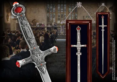 A collage of the Gryffindor sword from Harry Potter, displayed in various ways, with a background depicting a scene from the Harry Potter movies.