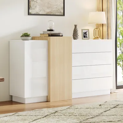 Immagine prodotto di Credenza Merax lucida con venature del legno, mobile da sala da pranzo moderno con spazio contenitivo, credenza senza maniglie con 4 cassetti profondi e ante, bianco + legno