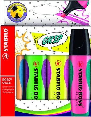 Obrázok produktu pre STABILO BOSS SPLASH, 4 kusov, Zelená, Oranžová, Ružová, Žltá, Hrot dláta, 2 mm, 5 mm, atrament s vodným základom
