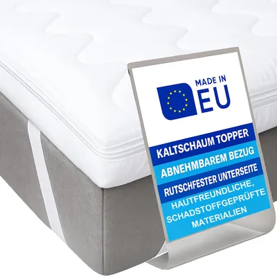 Produktbild von Pillows24 - Topper 90x200cm aus Kaltschaum - 6cm hoch - Matratzentopper mit abnehmbarem Bezug & rutschfester Unterseite | EU-Herstellung