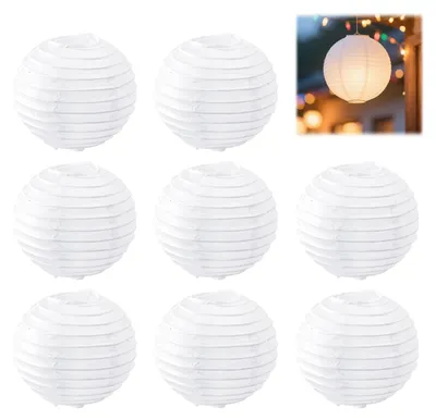 Productafbeelding van 8 stuks papieren lantaarns, rond, 10 cm, witte lampions om op te hangen