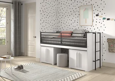 Produktbild von VIPACK - SAM halbhohes Bett mit ausziehbarem Schreibtisch, 2 Kommoden 2-trg., Liegefläche 90 x 200 cm, Ausf. Weiß Melamin Nachbildung