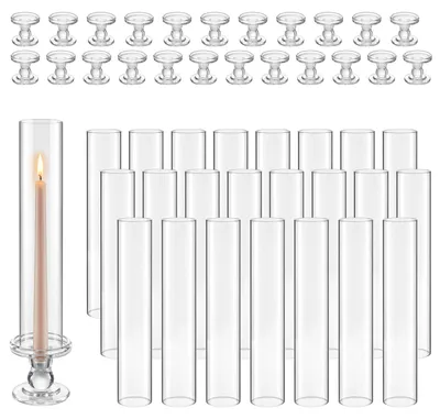 Image de Lot de 24 cylindres en verre SucceBuy pour bougies, photophores « Hurricane » 60 x 390 mm, verres à bougies en verre borosilicaté, photophores sans fond avec support, bougeoirs pour mariages et Noël