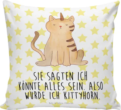 Produktbild von Mr. & Mrs. Panda Sofa Kissen Einhorn Katze - Weiß - Geschenk, Unicorn, Sofakissen, Glitzer, 40x40, Regenbogen, kuschelkissen, Einhornkatze, Couchkissen