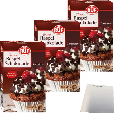 Produktbild von RUF Zartbitter Raspel-Schokolade hauchdünn extra zarter Schmelz 3er Pack (3x100g Packung) + usy Block