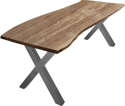 Produktbild von Esszimmertisch 220x100 cm Xanten, Baumkantentisch naturfarben, Akazienholz massiv, X-Gestell aus Metall Silber