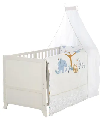 Produktbild von roba Komplettbettset Savanna Friends - Babybett 70 x 140 cm aus Holz inkl. Matratze, Bettwäsche, Himmel & Himmelstange - Mitwachsend ab 6 Monate