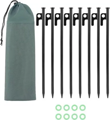 Imagen del producto de Juego de 8 anclajes de acero macizo con puntas reflectantes, de 30 cm de longitud y 9 mm de diámetro, muy estables para tiendas de campaña, toldos y tiendas de campaña para techo de vehículos. Anclajes para uso en exteriores.