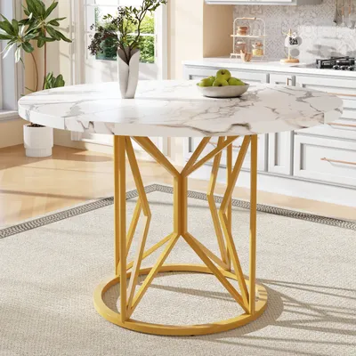 Produktbild von MODFU  Esstisch  Runder Kaffeetisch  Küchentisch, für 4-6 Personen,Tischplatte aus marmoriertem MDF , goldene Tischbeine ,Gold und Weiß