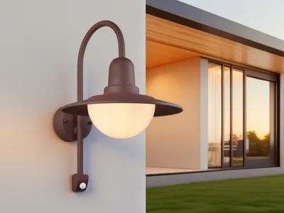 An outdoor wall light fixture is mounted on a white wall next to a modern house with large glass doors and a green lawn.