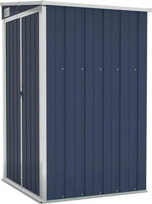 A dark blue metal shed with silver trim, shown from a three-quarter angle against a white background.
