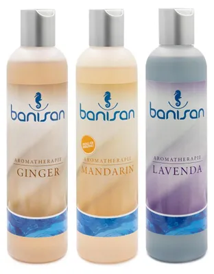 Produktbild von Banisan 3er Badezusätze Ginger, Lavenda, Mandarin, Aromatherapie 3x 250 ml, ergiebig, nicht schäumende Rezeptur für Whirlpools