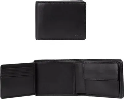 A black leather BOSS wallet shown from the outside and then opened up.