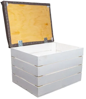 Produktbild von Sitztruhe Mira mit Stauraum in weiß Maße 34x35x48 Sitzhocker Obstkiste Holzkiste faltbar belastbar bis 150kg Deckel klappbare Sitztruhe Aufbewahrungsbox
