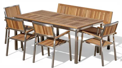 Produktbild von ALEOS. Gartengarnitur Edelstahl Teak Set mit Esstisch Gartentisch 160 x 90 cm + 1x Gartenbank 140cm + 4x Teak Sessel A-Grade Teak Holz Serie KUBA Gastroqualität